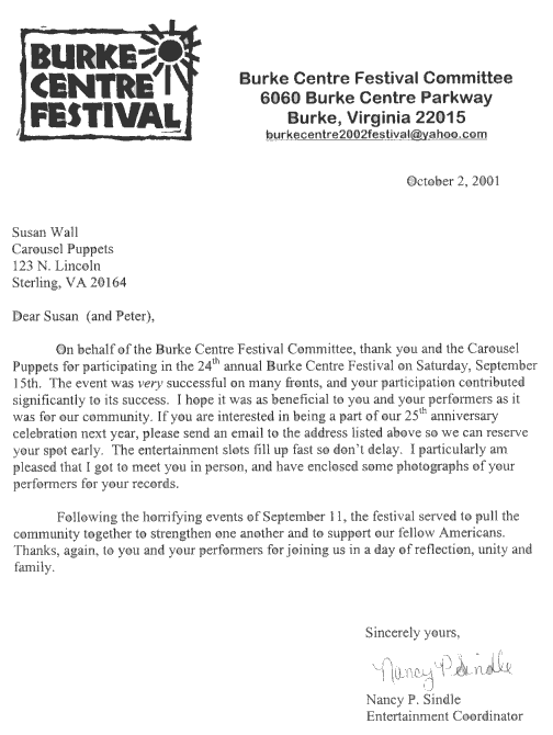 Letter from Burke Festival 2001