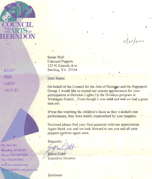 Letter from Council for the Arts of Herndon
