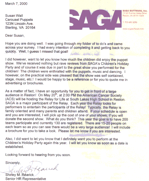 Letter from Saga Software
